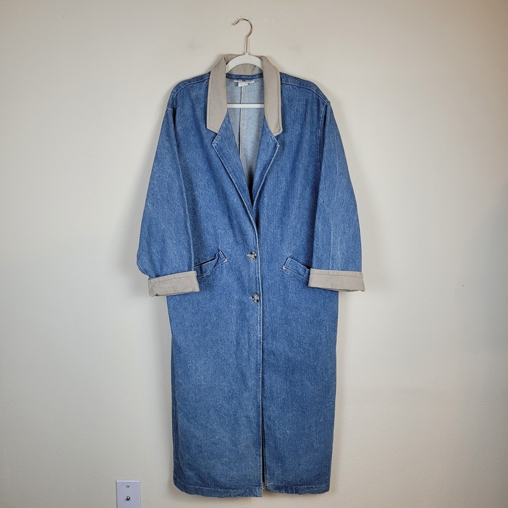 VTG American Profile Dungarees Coat Med Blue Denim Duster Long Jacket Western